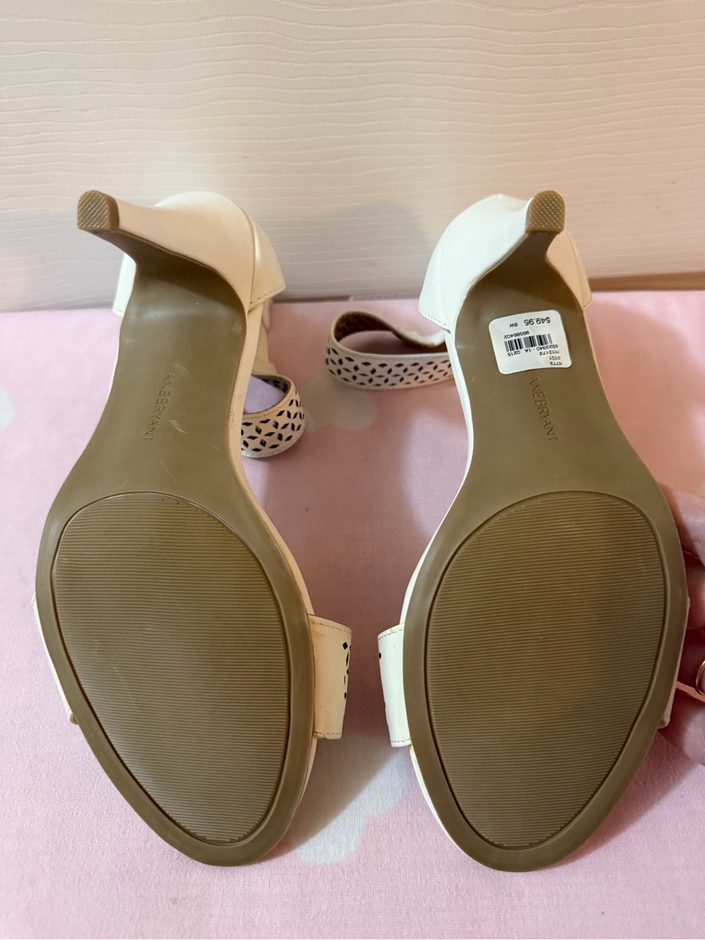Lane Bryant Ivory Cream Laser Cut Ankle Strap Heels Size 8W - Picture 9 of 11